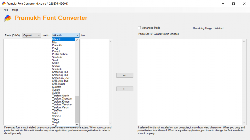 List of available font conversion in Pramukh Font Converter