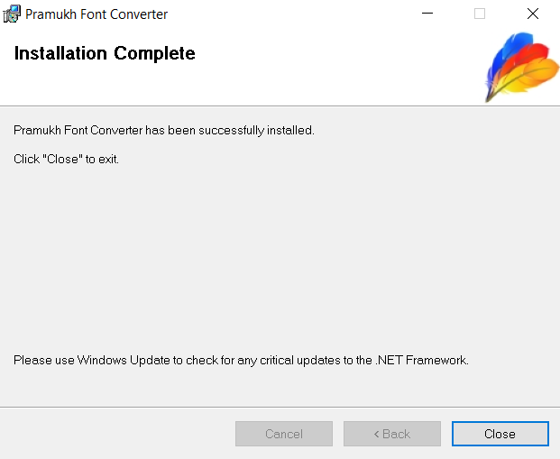 Pramukh Font Converter software installation complete dialog