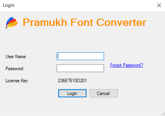 Pramukh Font Converter login screen