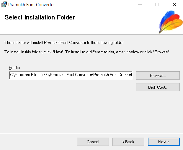 Pramukh Font Converter installation folder dialog