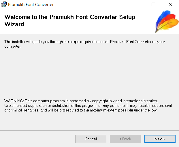 Pramukh Font Converter welcome setup wizard dialog