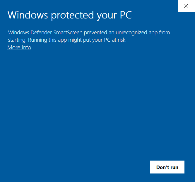 Windows Defender dialog with More Info button