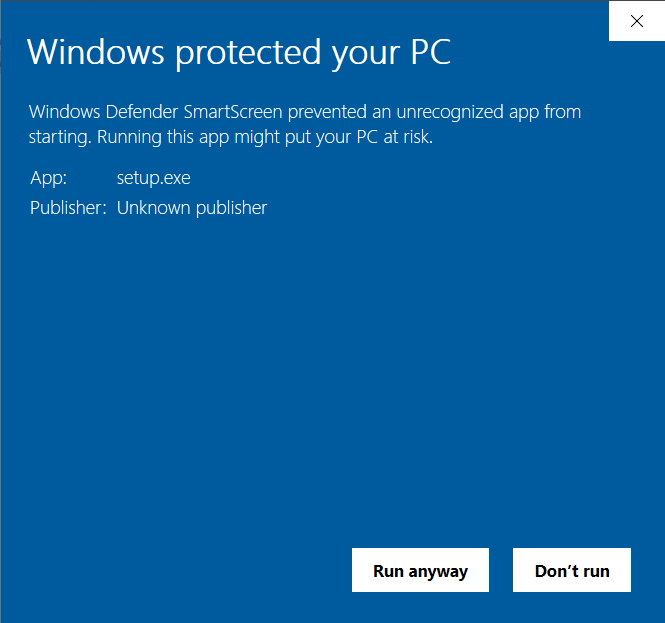 Windows Defender screen with Run Anyway button