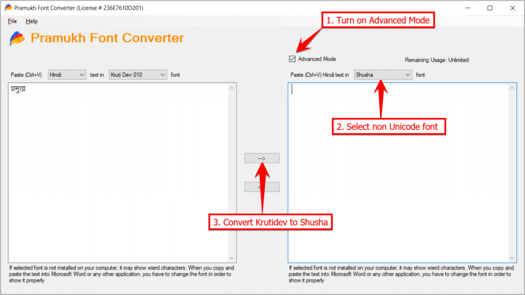 Convert Kruti Dev to Shusha using Advanced Mode